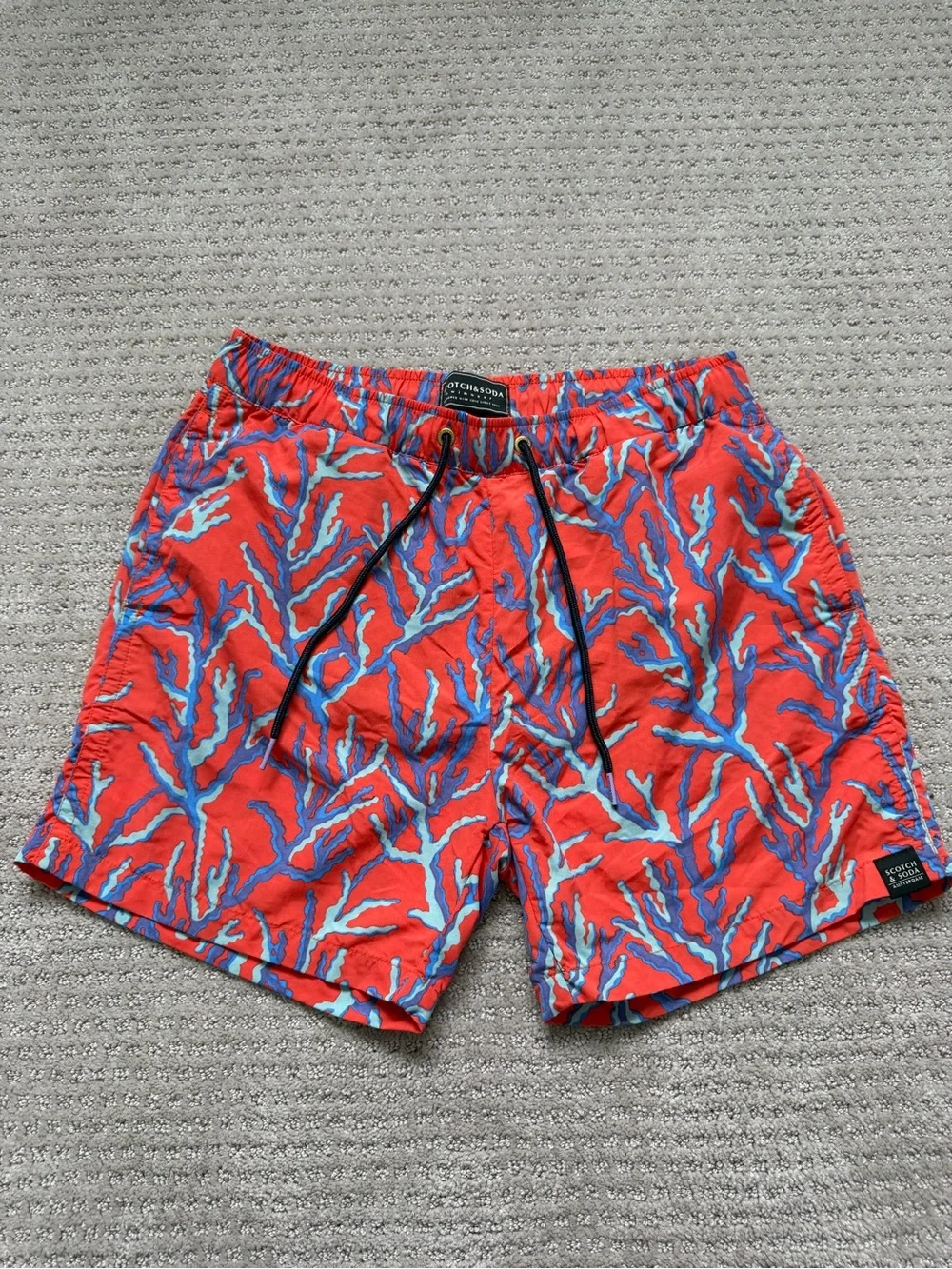 Scotch & Soda Red Coral-Pattern Swim Trunks with Blue Accents